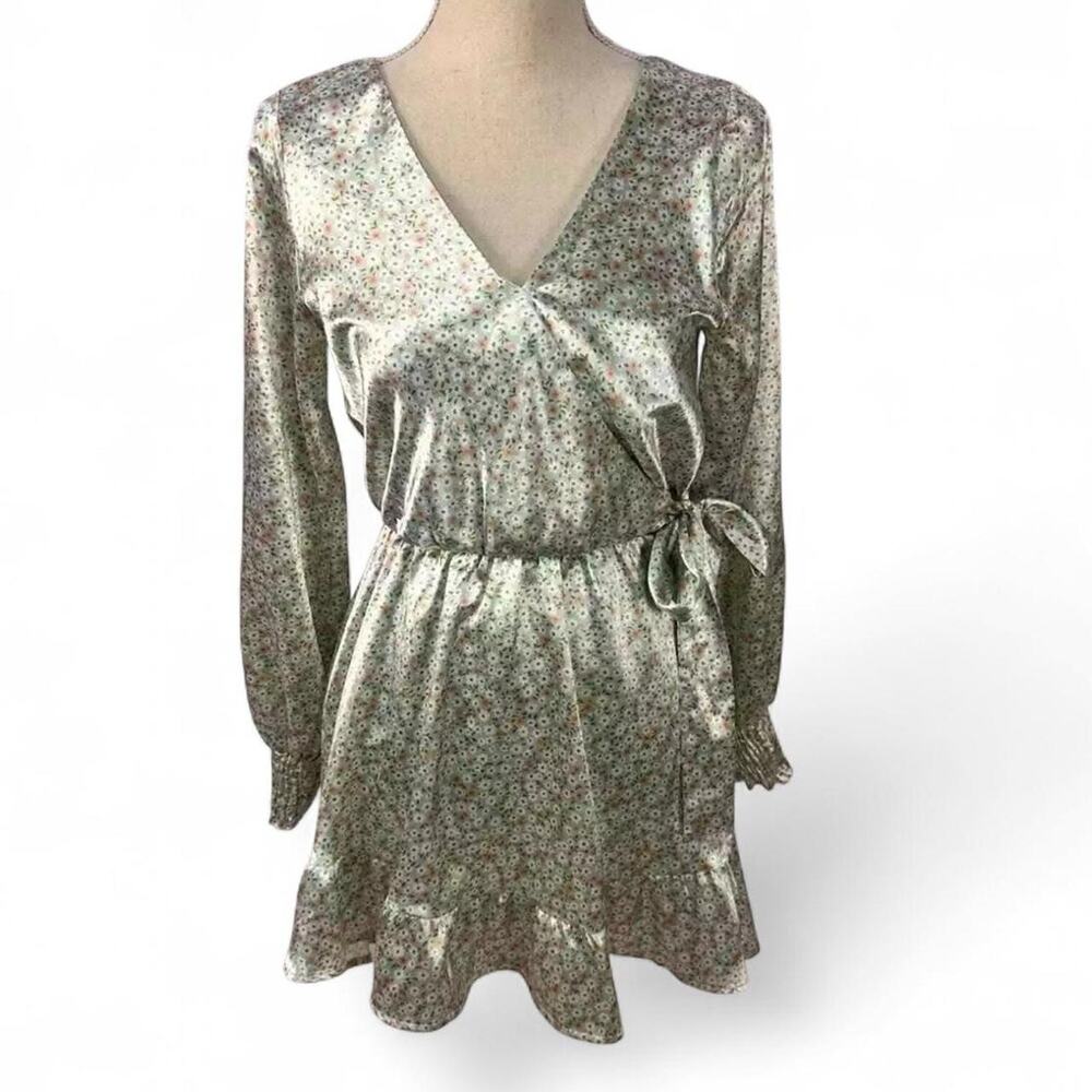 Alter'd State Medium Floral Shiny Wrap Long Sleeve Dress